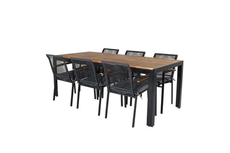 Venture Home Dallas & Bois 6 st Matstolar Svart + Rektangulärt Matbord 205 x 90 Natur