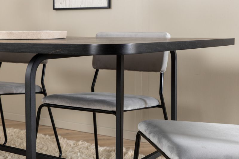 Venture Home Kenth & Uno 6 st Matstolar Grå + Rektangulärt Matbord 200 x 90 Svart