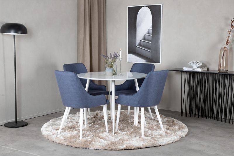 Venture Home Plaza 4 st Matstolar Blå + Runt Matbord ⌀100 Vit