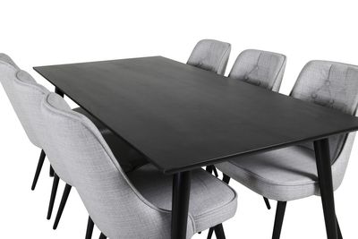 Venture Home Dipp & Velvet Deluxe Rektangulärt Matbord 180 x 90 Svart + 6 st Matstolar Grå