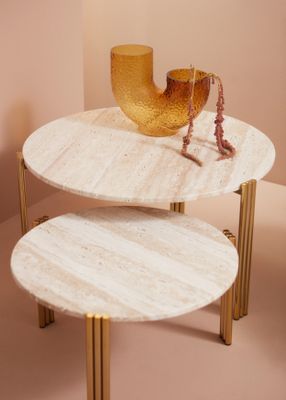 AYTM Tribus Soffbord Guld, Travertin Ø80 cm
