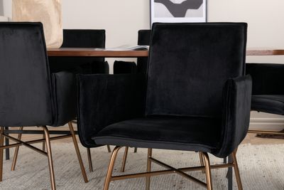 Venture Home Petra & Uno 6 st Matstolar Svart + Rektangulärt Matbord 200 x 90 Natur