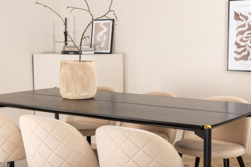Venture Home Pelle & Velvet Rektangulärt Matbord 190 x 90 Svart + 6 st Matstolar Beige