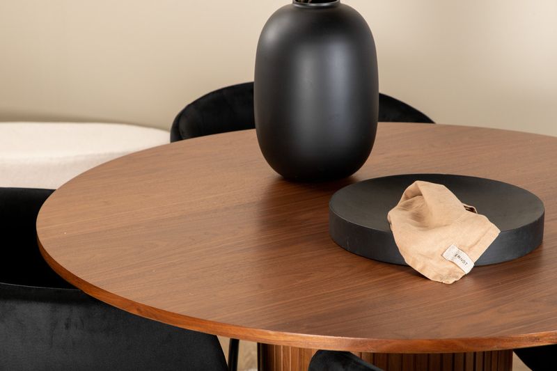 Venture Home Berit & Bianca 4 st Matstolar Svart + Runt Matbord ⌀110 Valnöt