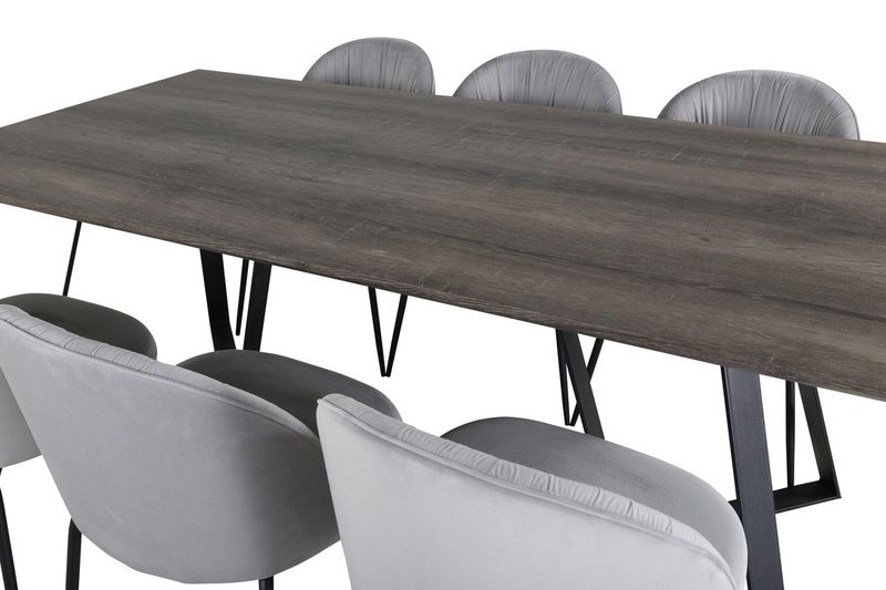 Venture Home Wrinkles & Marina 6 st Matstolar Grå + Rektangulärt Matbord 180 x 90 Natur