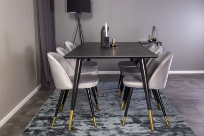 Venture Home Dipp & Velvet Rektangulärt Matbord 180 x 90 Svart + 6 st Matstolar Grå
