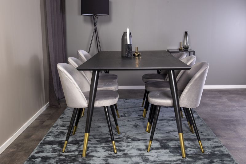 Venture Home Dipp & Velvet Rektangulärt Matbord 180 x 90 Svart + 6 st Matstolar Grå