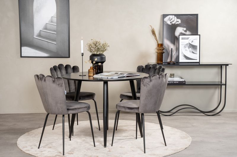 Venture Home Limhamn & Plaza 4 st Matstolar Grå + Runt Matbord ⌀100 Svart