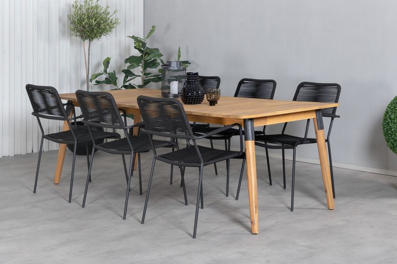 Venture Home Julian & Lindos Rektangulärt Matbord 210 x 100 Natur + Matstolar 6-pack Svart