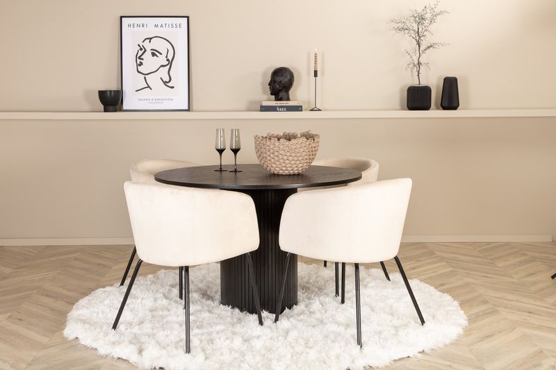 Venture Home Berit & Bianca 4 st Matstolar Beige + Runt Matbord ⌀110 Svart