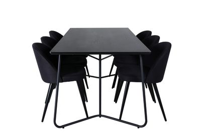 Venture Home Petra & Velvet Rektangulärt Matbord 190 x 90 Svart + 6 st Matstolar Svart