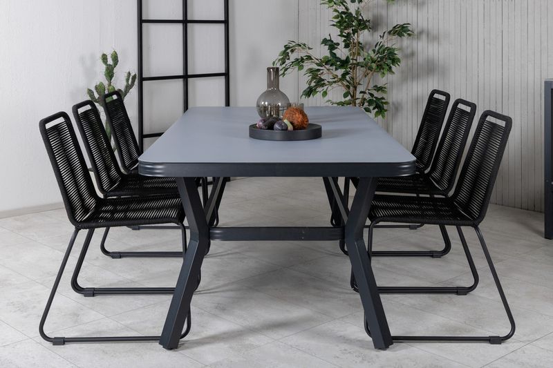 Venture Home Virya & Lindos Rektangulärt Matbord 200 x 100 Svart + 6 st Matstolar Svart