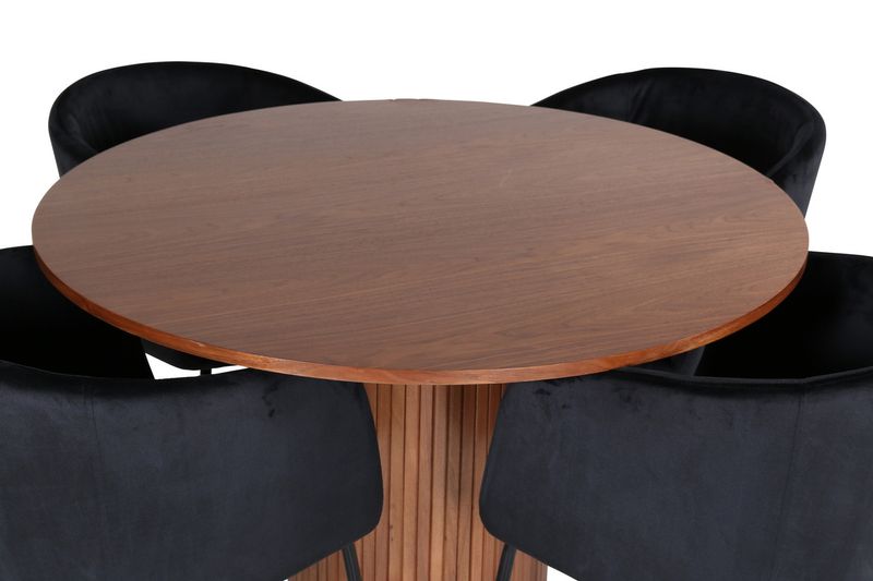 Venture Home Berit & Bianca 4 st Matstolar Svart + Runt Matbord ⌀110 Valnöt