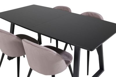 Venture Home Inca & Velvet Rektangulärt Matbord 160 x 85 Svart + 4 st Matstolar Gammelrosa