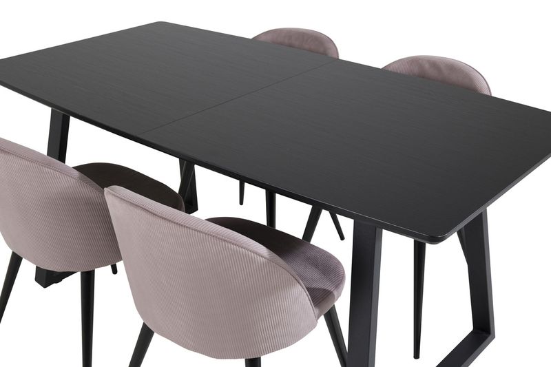 Venture Home Inca & Velvet Rektangulärt Matbord 160 x 85 Svart + 4 st Matstolar Gammelrosa