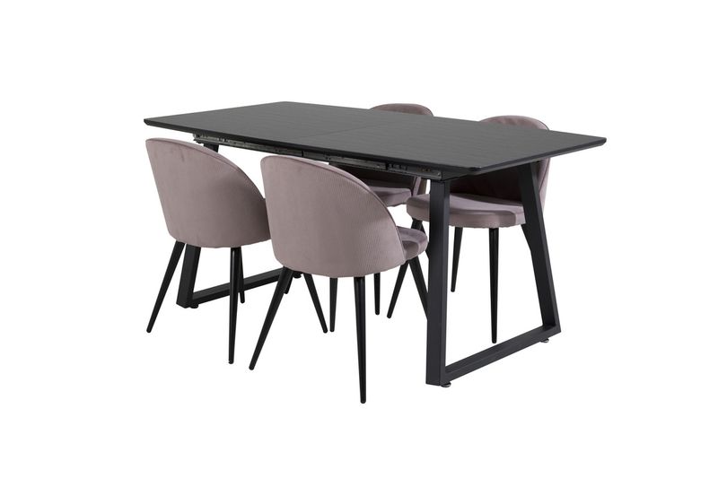 Venture Home Inca & Velvet Rektangulärt Matbord 160 x 85 Svart + 4 st Matstolar Gammelrosa