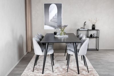 Venture Home Wrinkles & Dipp 6 st Matstolar Grå + Rektangulärt Matbord 180 x 90 Svart