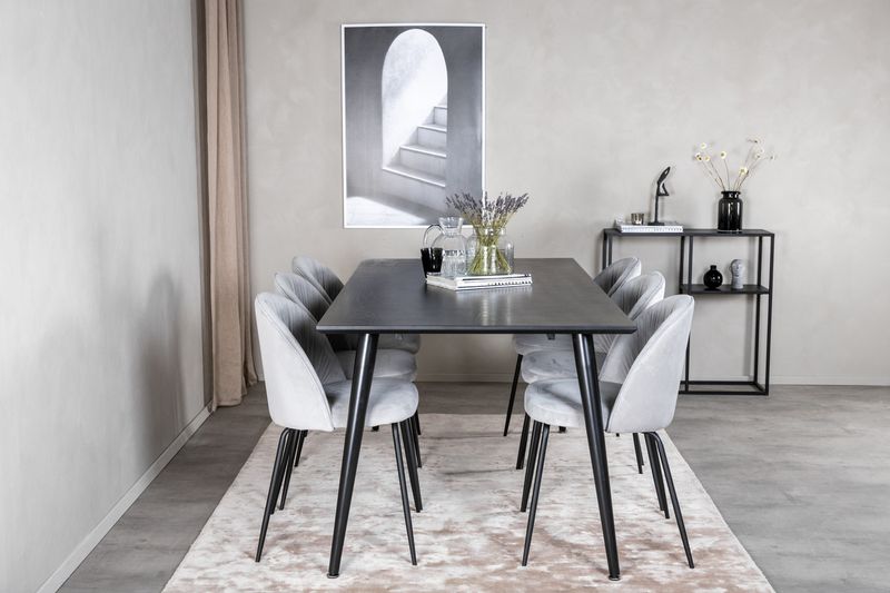 Venture Home Wrinkles & Dipp 6 st Matstolar Grå + Rektangulärt Matbord 180 x 90 Svart