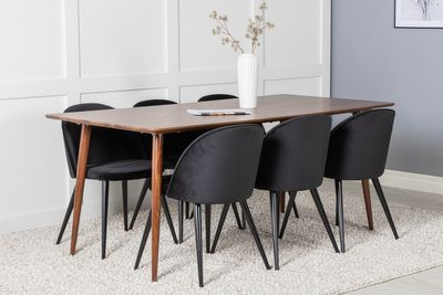 Venture Home Polar & Velvet Rektangulärt Matbord 180 x 75 x 90 Valnöt + 6 st Matstolar Svart