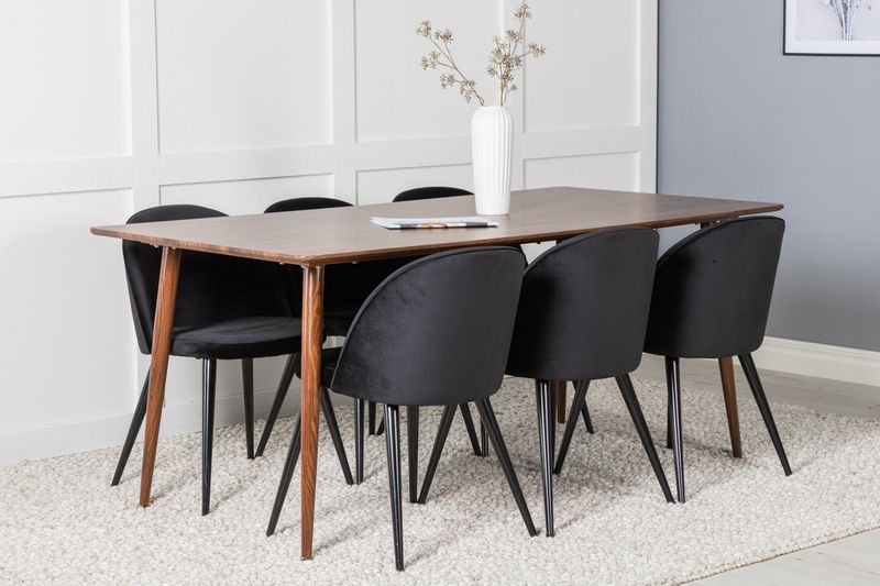 Venture Home Polar & Velvet Rektangulärt Matbord 180 x 75 x 90 Valnöt + 6 st Matstolar Svart