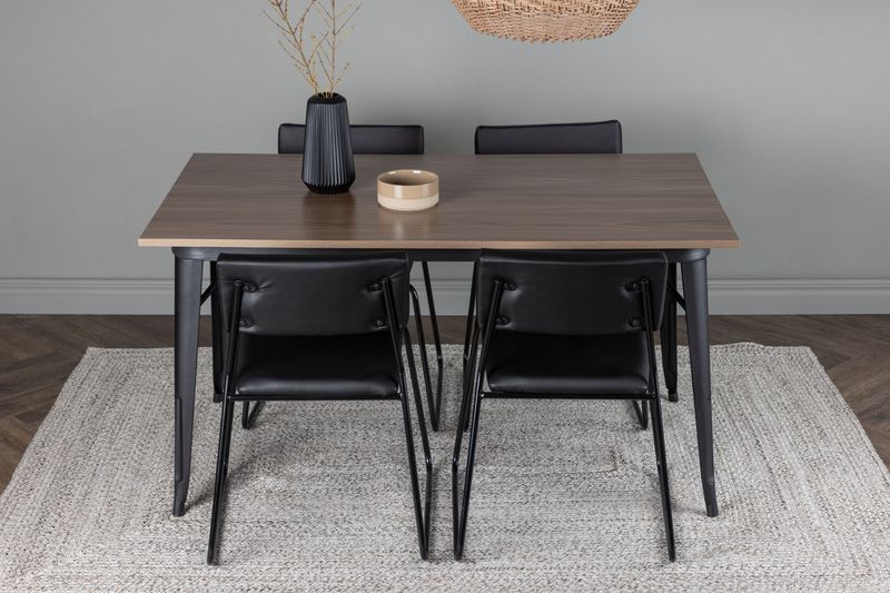 Venture Home Kenth & Tempe 4 st Matstolar Svart + Rektangulärt Matbord 140 x 80 Valnöt