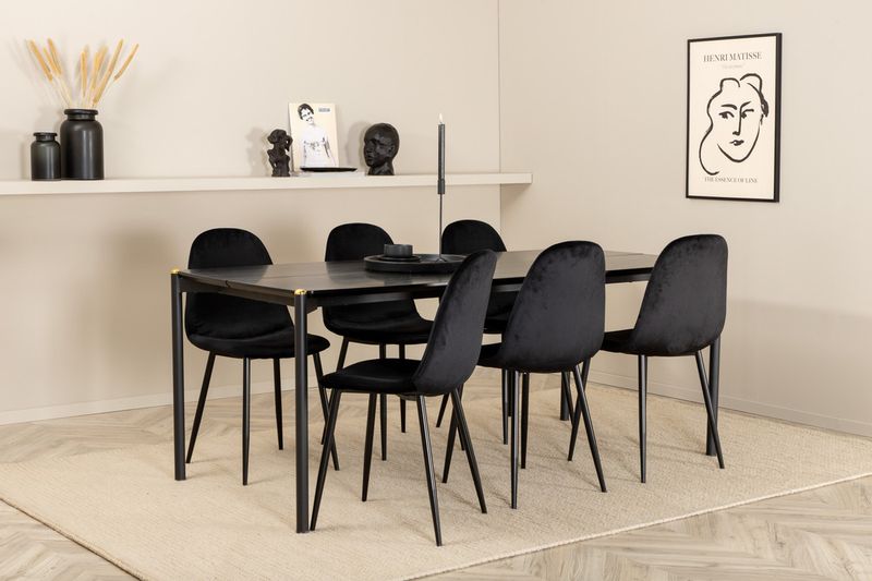 Venture Home Pelle & Polar Rektangulärt Matbord 190 x 90 Svart + 6 st Matstolar Svart