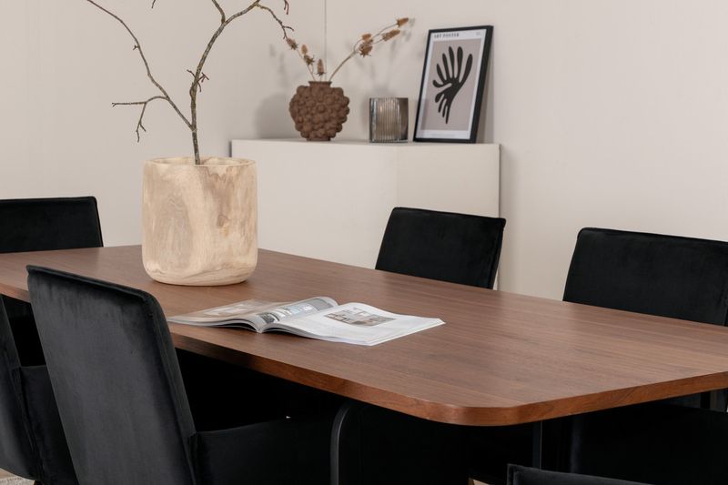 Venture Home Petra & Uno 6 st Matstolar Svart + Rektangulärt Matbord 200 x 90 Natur