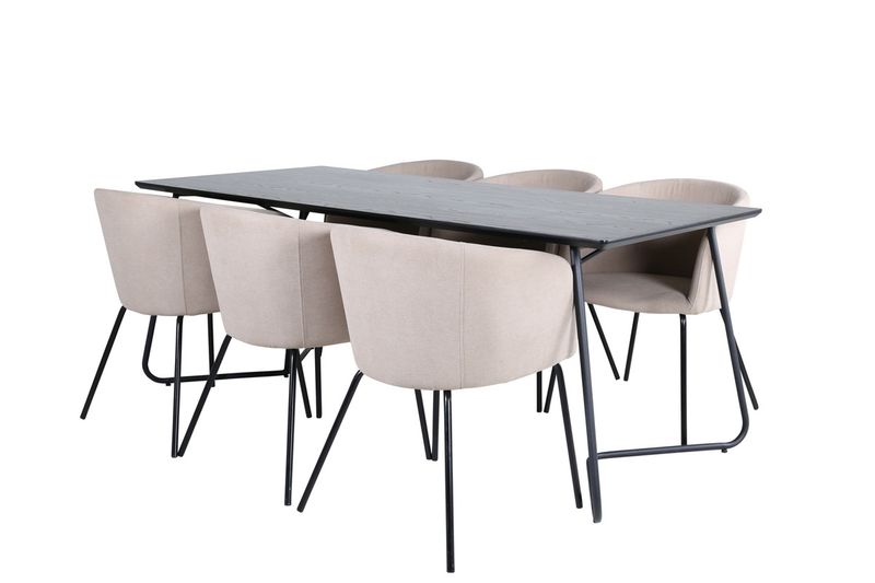 Venture Home Berit & Petra 6 st Matstolar Beige + Rektangulärt Matbord 190 x 90 Svart