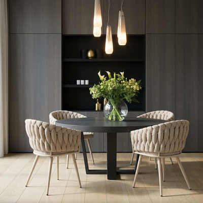 Homerebels Beige Matstol – Beige ben, flätad rygg & armstöd