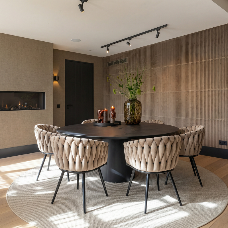 Homerebels Matstol Sand – Sammet & flätad rygg