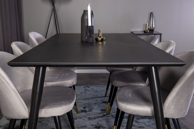 Venture Home Dipp & Velvet Rektangulärt Matbord 180 x 90 Svart + 6 st Matstolar Grå