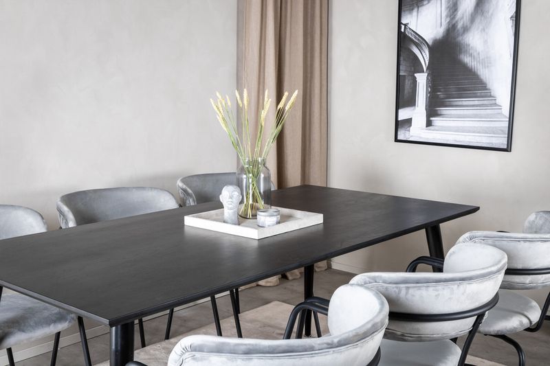 Venture Home Arrow & Dipp 6 st Matstolar Grå + Rektangulärt Matbord 180 x 90 Svart