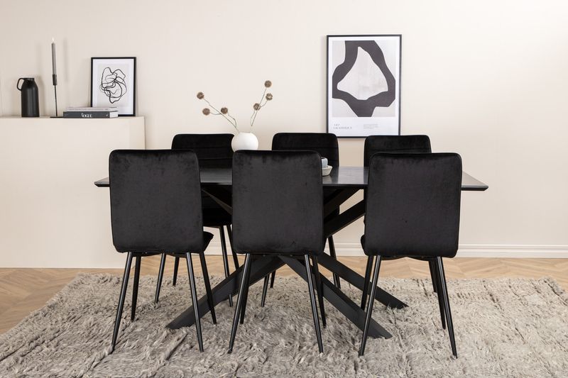 Venture Home Windu & Piazza 6 st Matstolar Svart + Rektangulärt Matbord 180 x 90 Svart