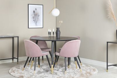 Venture Home Dipp & Velvet Runt Matbord ⌀115 Svart + 4 st Matstolar Gammelrosa