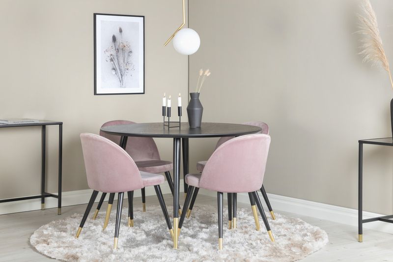 Venture Home Dipp & Velvet Runt Matbord ⌀115 Svart + 4 st Matstolar Gammelrosa