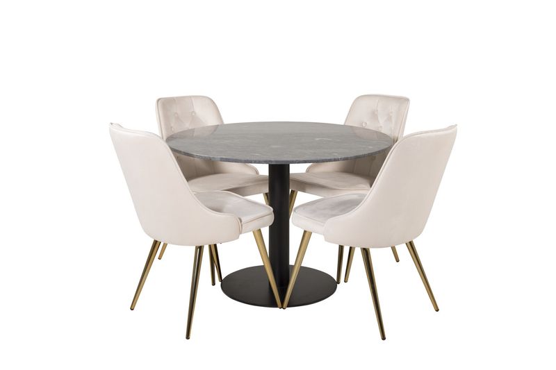Venture Home Estelle & Velvet Deluxe Runt Matbord ⌀106 Mörkgrå + 4 st Matstolar Beige