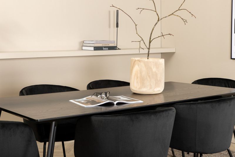 Venture Home Berit & Petra 6 st Matstolar Svart + Rektangulärt Matbord 190 x 90 Svart