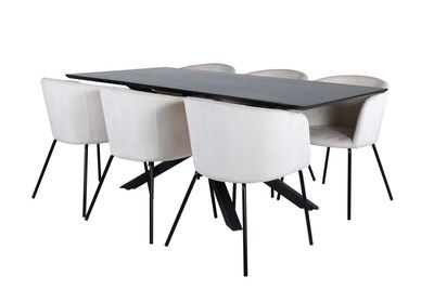 Venture Home Berit & Piazza 6 st Matstolar Beige + Rektangulärt Matbord 180 x 90 Svart