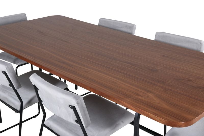 Venture Home Kenth & Uno 6 st Matstolar Grå + Rektangulärt Matbord 200 x 90 Natur