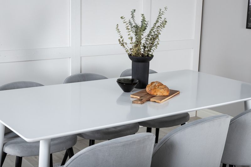 Venture Home Polar & Velvet Rektangulärt Matbord 180 x 90 Vit + 6 st Matstolar Ljusgrå