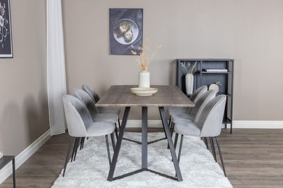 Venture Home Wrinkles & Marina 6 st Matstolar Grå + Rektangulärt Matbord 180 x 90 Natur