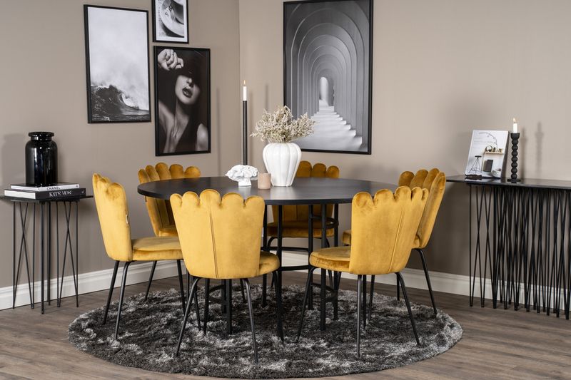 Venture Home Limhamn & Copenhagen 6 st Matstolar Gul + Runt Matbord ⌀140 Svart