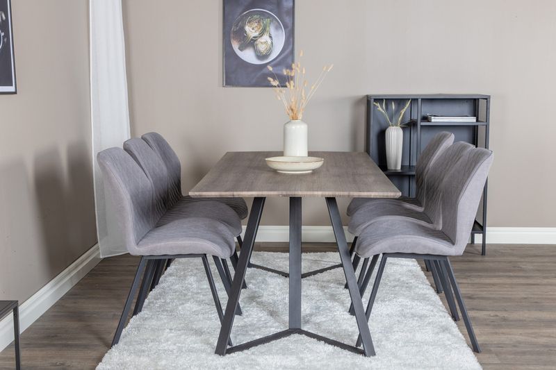 Venture Home Gemma & Marina 6 st Matstolar Grå + Rektangulärt Matbord 180 x 90 Natur