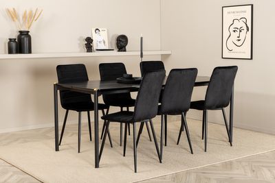 Venture Home Pelle & Windu Rektangulärt Matbord 190 x 90 Svart + 6 st Matstolar Svart
