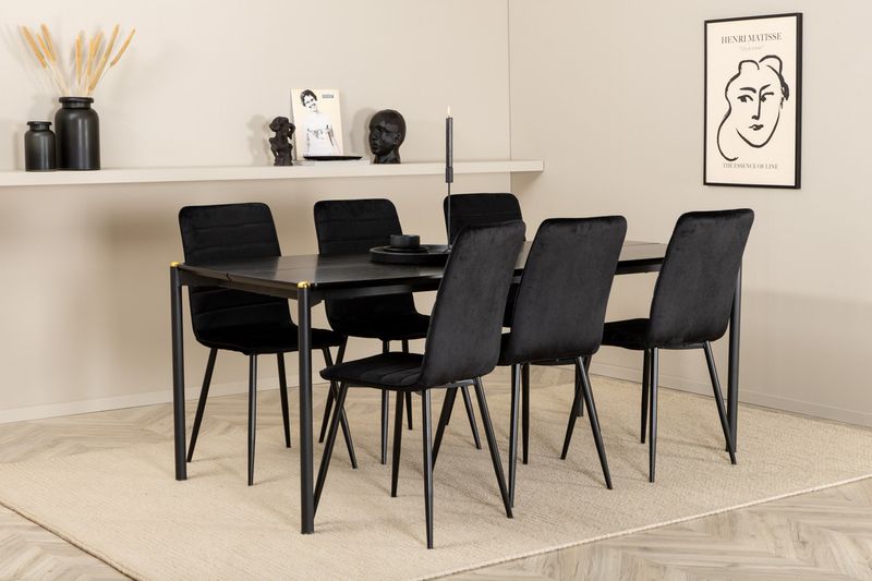 Venture Home Pelle & Windu Rektangulärt Matbord 190 x 90 Svart + 6 st Matstolar Svart