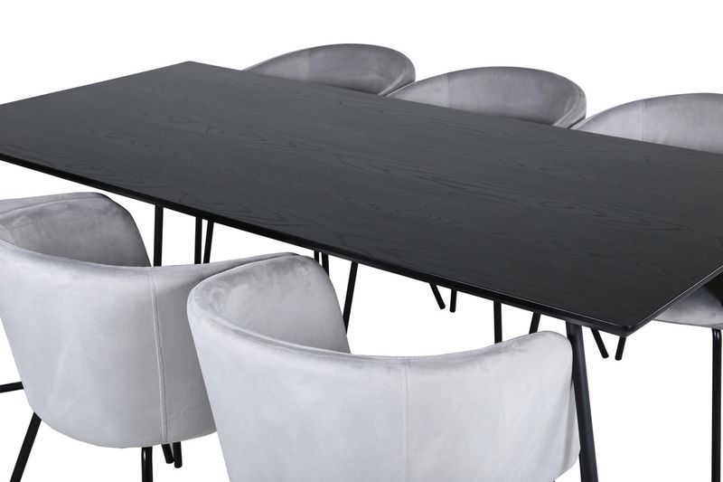 Venture Home Berit & Petra 6 st Matstolar Grå + Rektangulärt Matbord 190 x 90 Svart