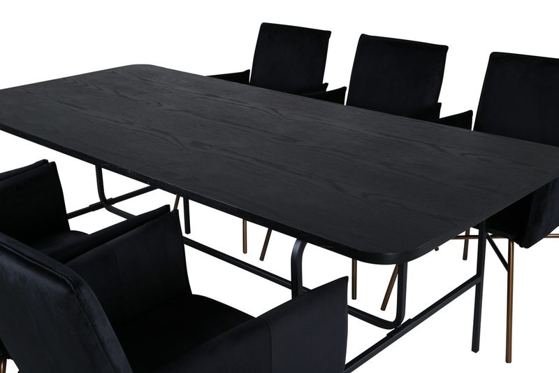 Venture Home Petra & Uno 6 st Matstolar Svart + Rektangulärt Matbord 200 x 90 Svart