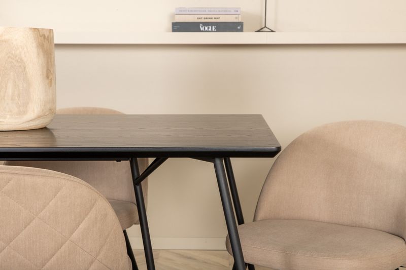 Venture Home Petra & Velvet Rektangulärt Matbord 190 x 90 Svart + 6 st Matstolar Beige