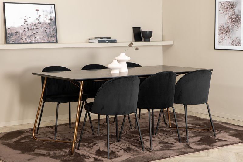 Venture Home Wrinkles & Petra 6 st Matstolar Svart + Rektangulärt Matbord 190 x 90 Svart