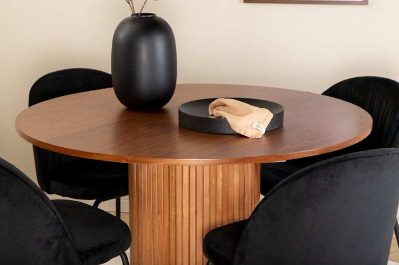 Venture Home Wrinkles & Bianca 4 st Matstolar Svart + Runt Matbord ⌀110 Valnöt